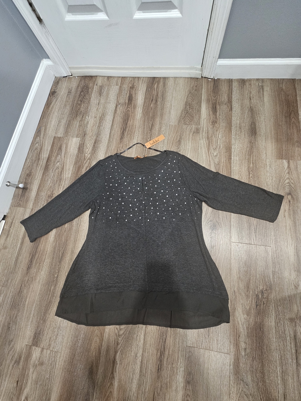 Belldini Dark Gray Studded Knit Tunic with Chiffon Hem